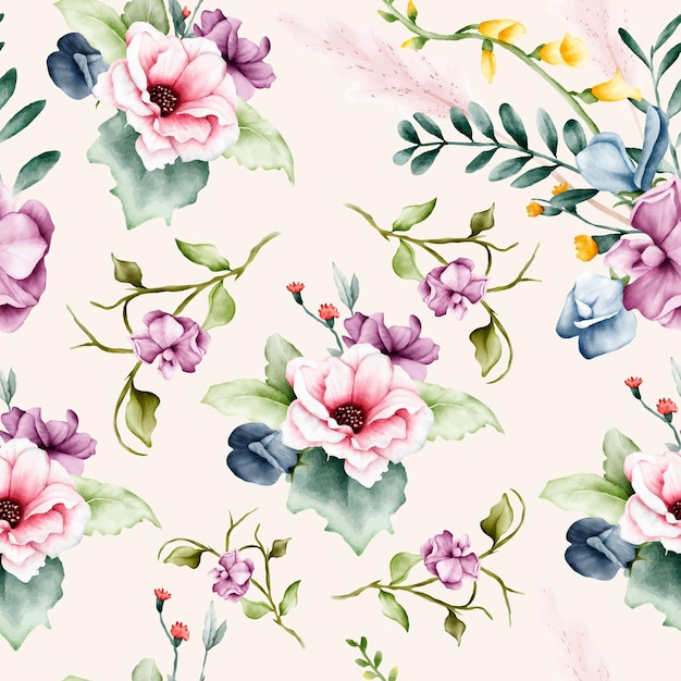 A seamless floral pattern with pink and purple flowers