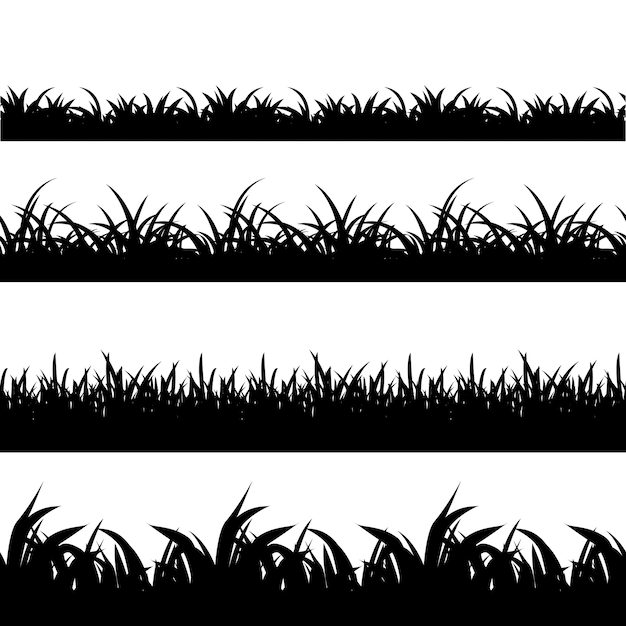 Free Vector seamless grass black silhouette vector set. landscape nature, plant and field monochrome illustration