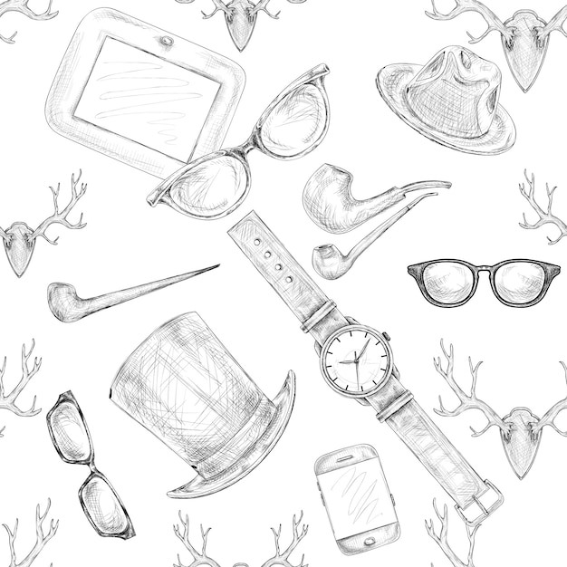 Seamless hand drawn hipster accessories pattern