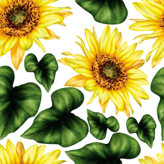 Free vector seamless pattern beautiful sun flower and leaves