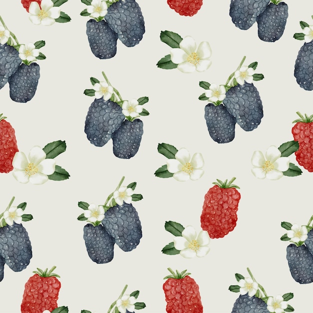 Free Vector seamless pattern of blackberry, black and red fruit, flower and leaf