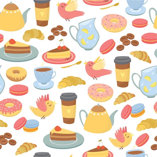 seamless pattern, coffee motifs, tea, sweets, packaging for the bakery