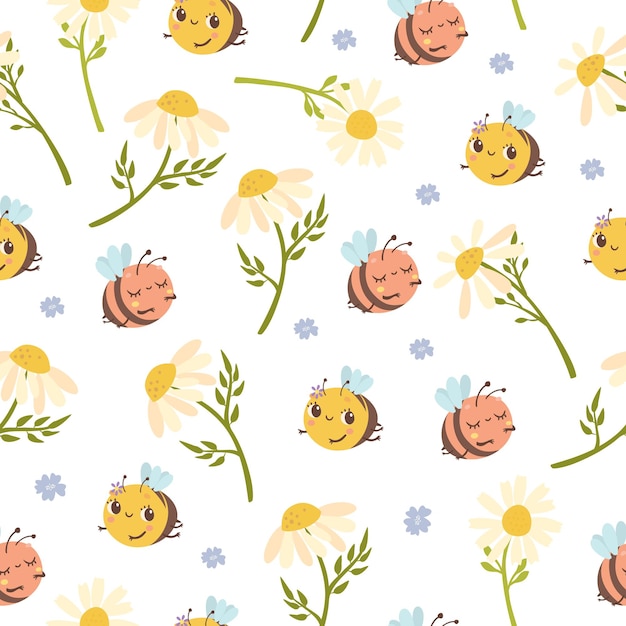 seamless pattern cute bees with daisies