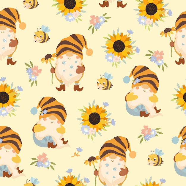 seamless pattern cute gnomes with sunflowers