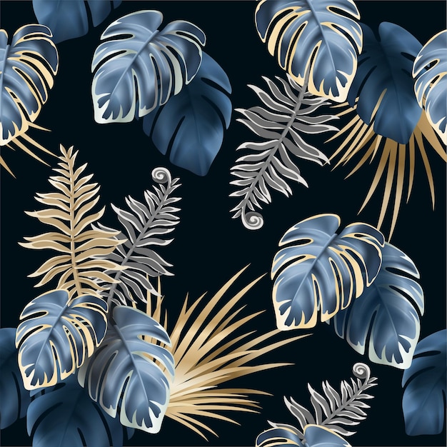 Seamless pattern dark leaves of tropic plants.