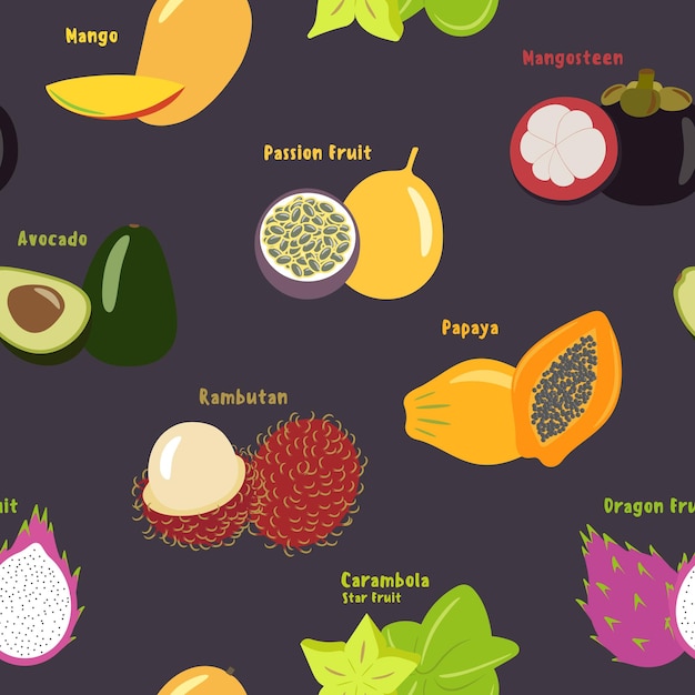 Free Vector seamless pattern of exotic tropical fruits on a violet color bac