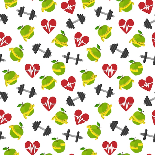 Seamless pattern fitness healthy lifestyle with heart apple barbells vector illustration