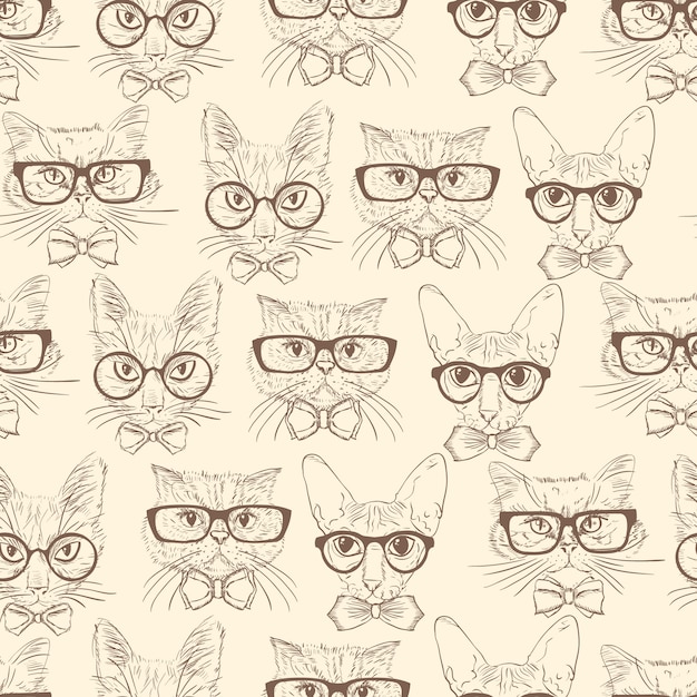 Seamless pattern hand drawn cats with hipster accessories