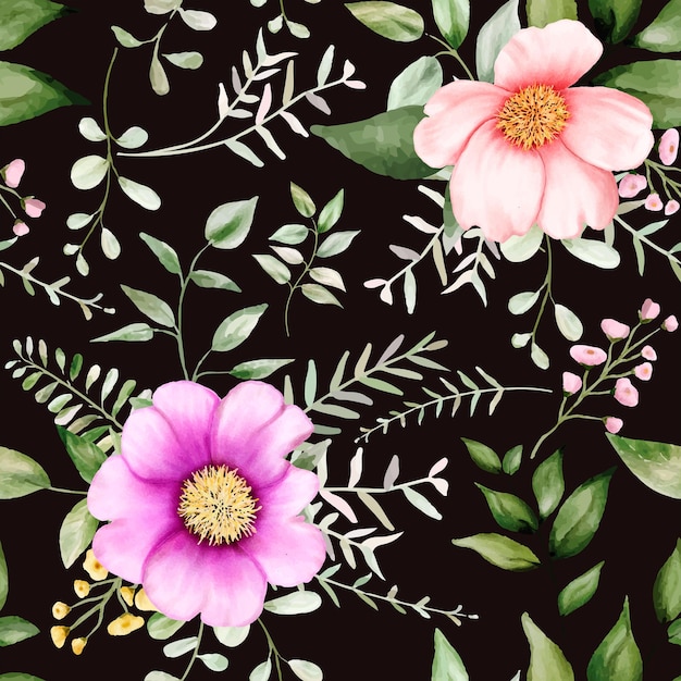 seamless pattern watercolor flower and leaves design