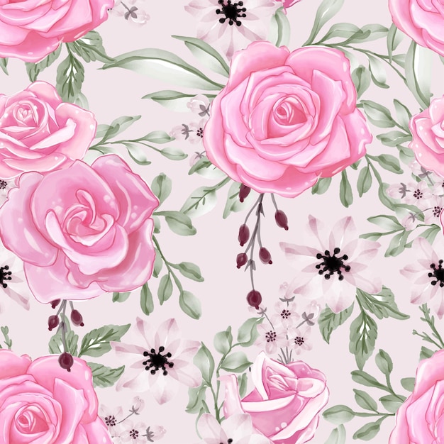 Seamless pattern with beautiful pink flower and leaves