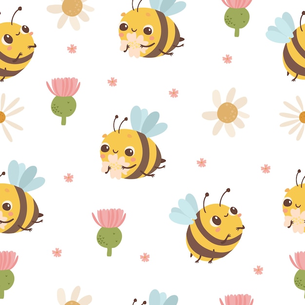 seamless pattern with bees and flowers