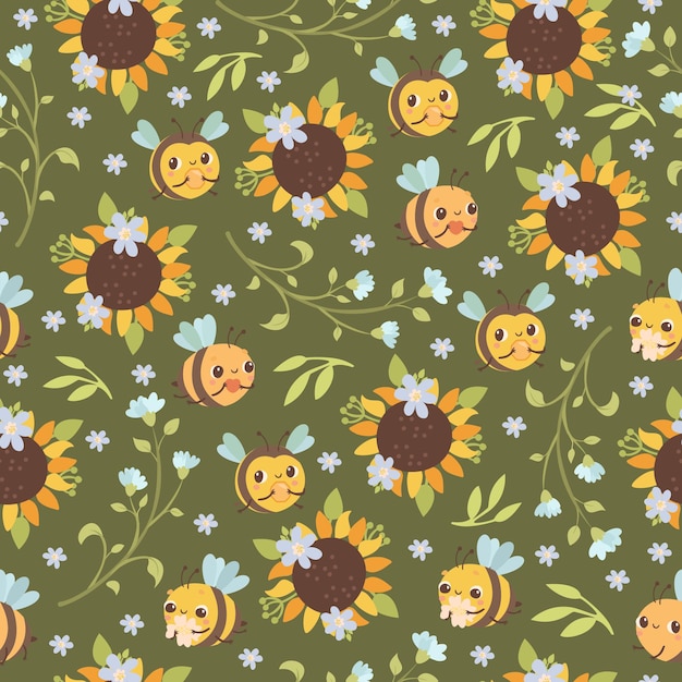 seamless pattern with bees and sunflowers