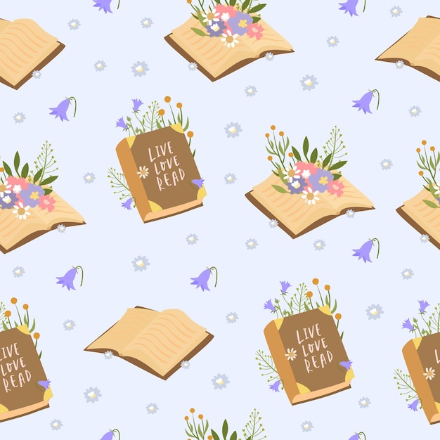 Free vector seamless pattern with books and flowers