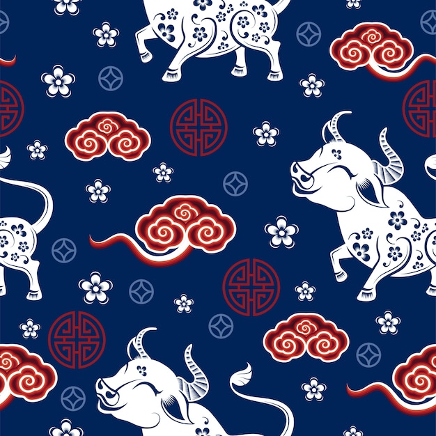 Seamless pattern with Chinese New Year Zodiac Year of the ox sign with asian elements