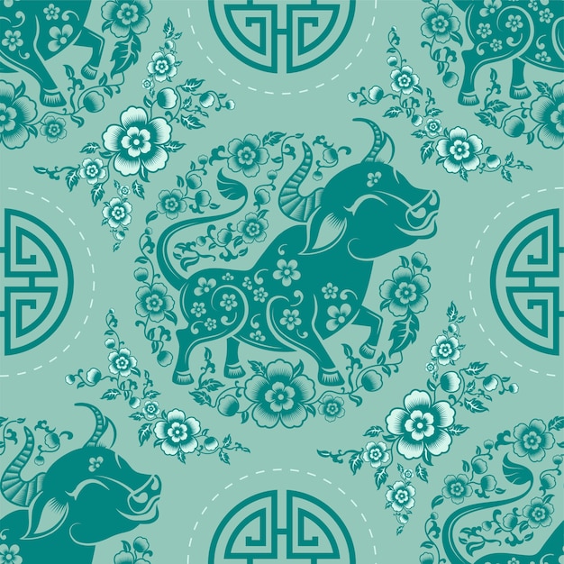 Free Vector seamless pattern with chinese new year zodiac year of the ox sign with asian elements