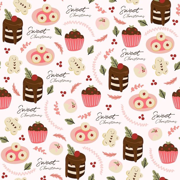 Free Vector seamless pattern with cupcake, cake, leaves and dessert