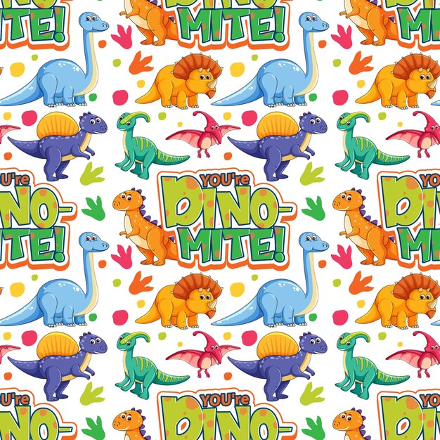 Seamless pattern with cute dinosaurs and font on white background