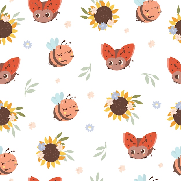 seamless pattern with cute insects and sunflowers