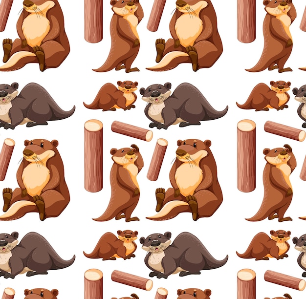 Free vector seamless pattern with cute otter in different poses on white background