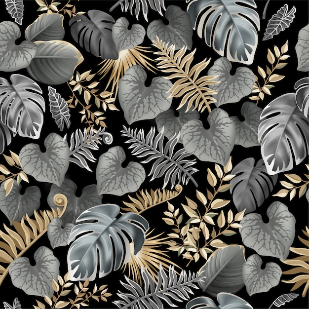 Seamless pattern with dark tropical leaves.