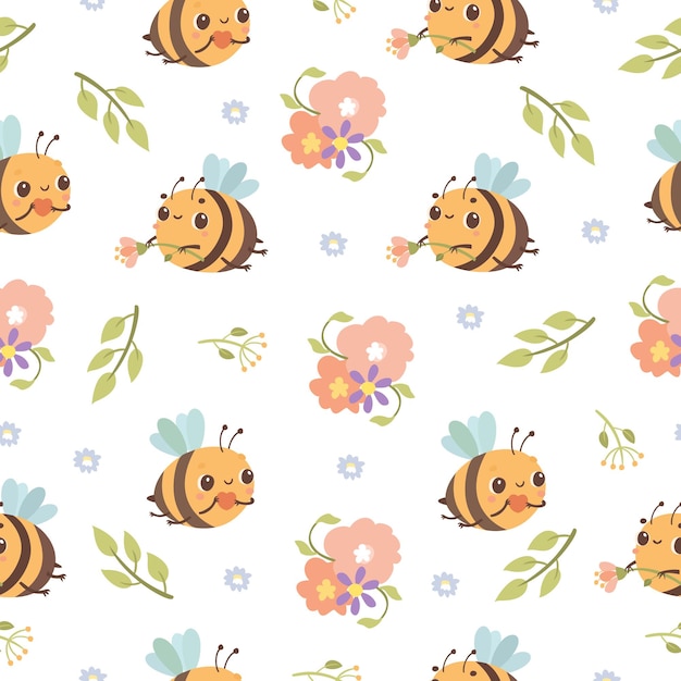 seamless pattern with flowers and bees