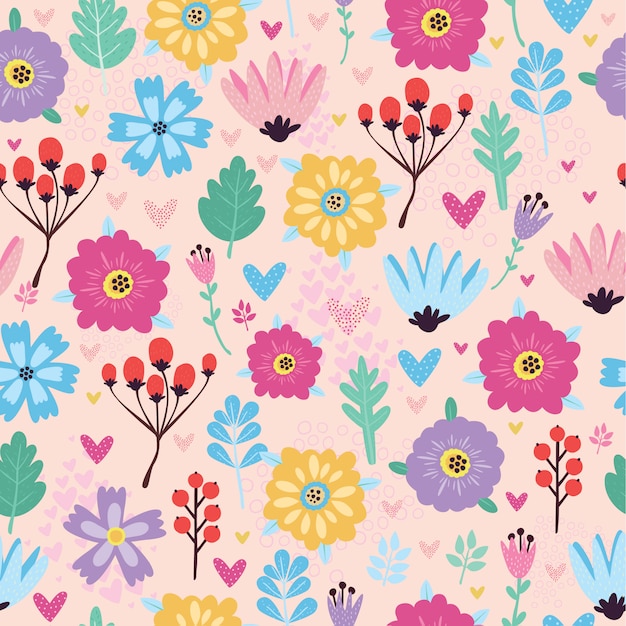 seamless pattern with flowers and berries