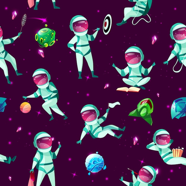 Free Vector seamless pattern with funny cute spacemen playing darts, basketball, badminton meditating