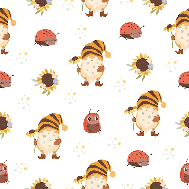 Free vector seamless pattern with gnomes and ladybugs