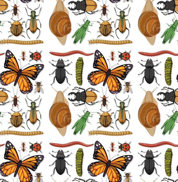 Seamless pattern with many insects on white background