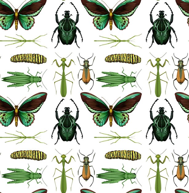 Seamless pattern with many insects on white background