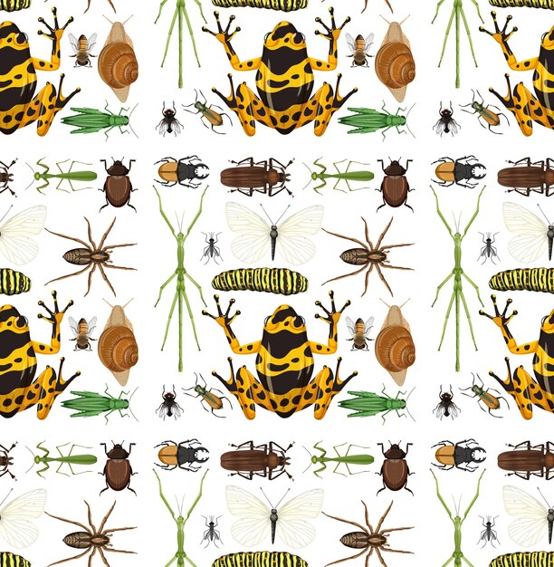 Seamless pattern with many insects on white background