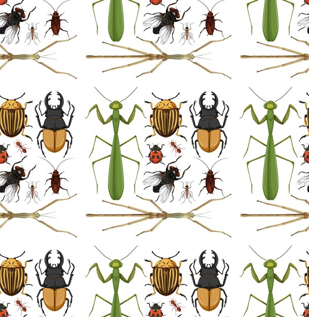 Seamless pattern with many insects on white background