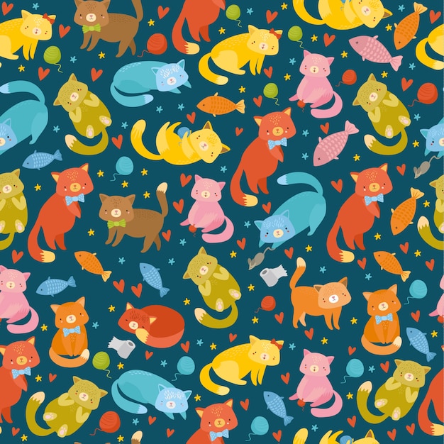 seamless pattern with multi-colored cats on a blue background