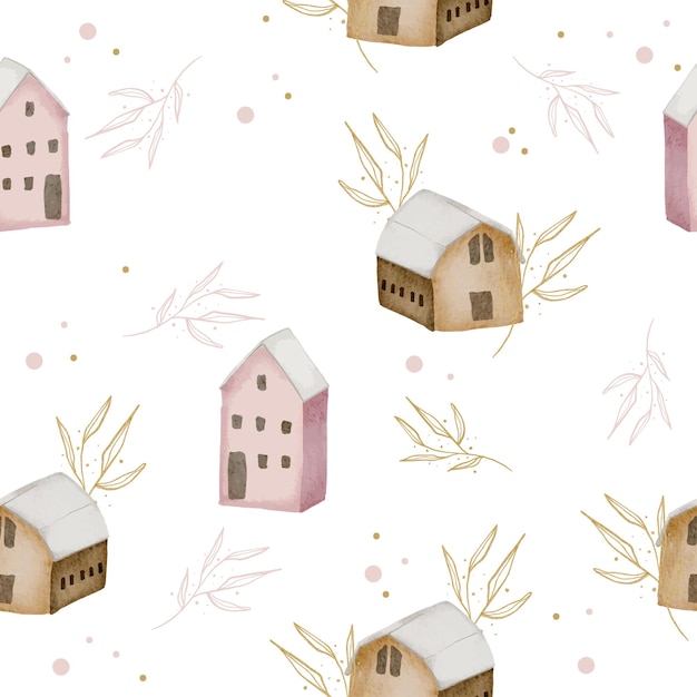 Free vector seamless pattern with winter watercolor home and leaves