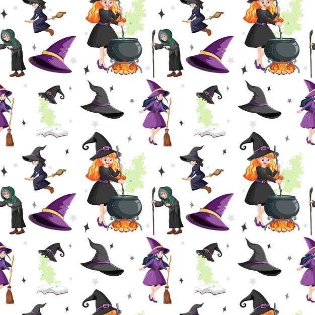 Seamless pattern with witches and elements