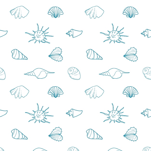 Seamless vector pattern with shells of various shapes.