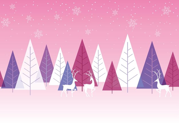 Seamless Vector Pink Winter Forest Background With Reindeers. Horizontally Repeatable.