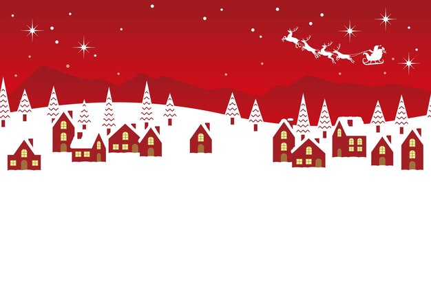 Seamless Vector Winter Townscape Illustration With Santa Claus And Reindeers Flying Across The Sky.