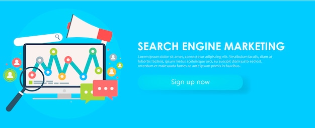 Search Engine Marketing banner. Computer with object, diagram, user icon.