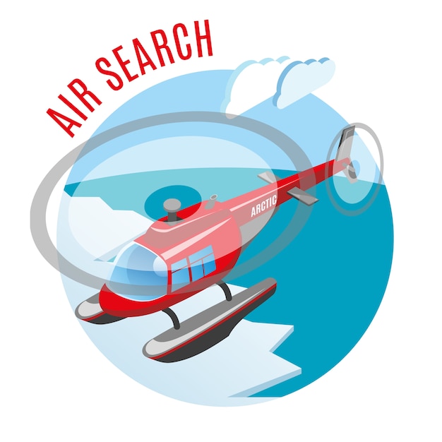 Search from air round isometric composition with helicopter above polar ice and arctic ocean