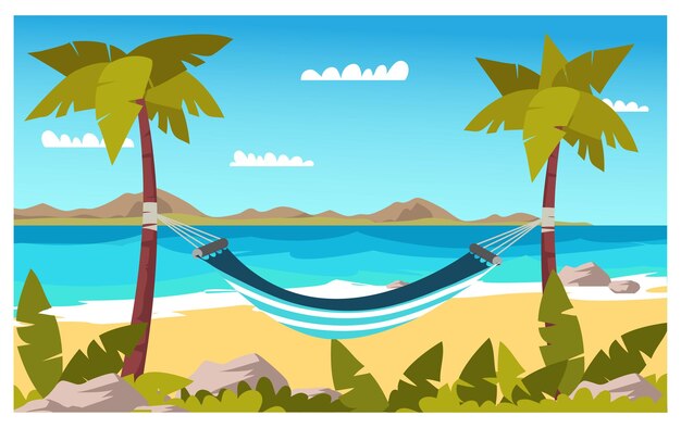 Seaside vacation with empty hammock on coast Traveling in exotic island country tropical paradise with turquoise ocean waves and palm trees