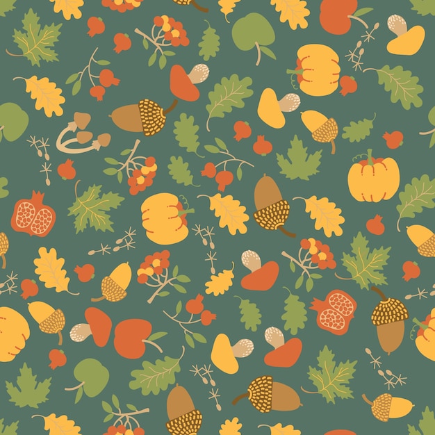 Seasonal autumn floral seamless pattern with maple oak leaves, pumpkins, apples, berries, mushrooms and acorns