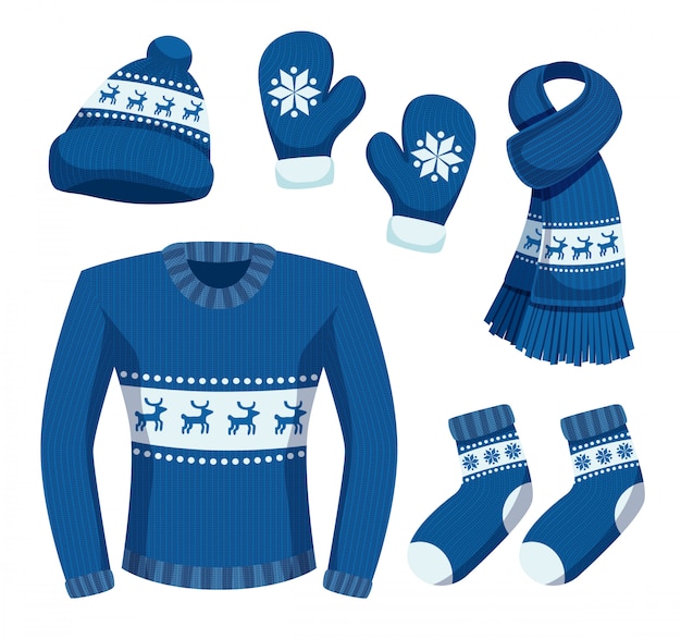 Seasonal winter clothes set with isolated images of stylish warm clothing items with snowflakes and deers  illustration