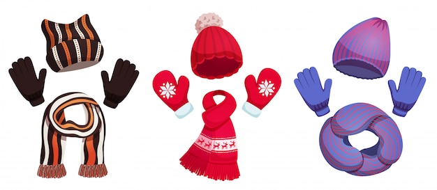 Free Vector seasonal winter scarf hats collection with three sets of colourful cold weather clothing  illustration