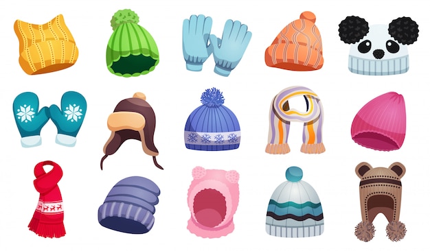 Seasonal winter scarf hats kids set with fifteen isolated images of children wear  illustration