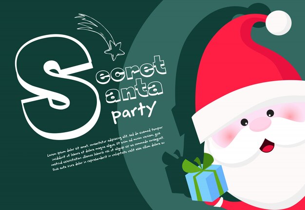 Secret Santa party banner design with cheerful Santa Claus