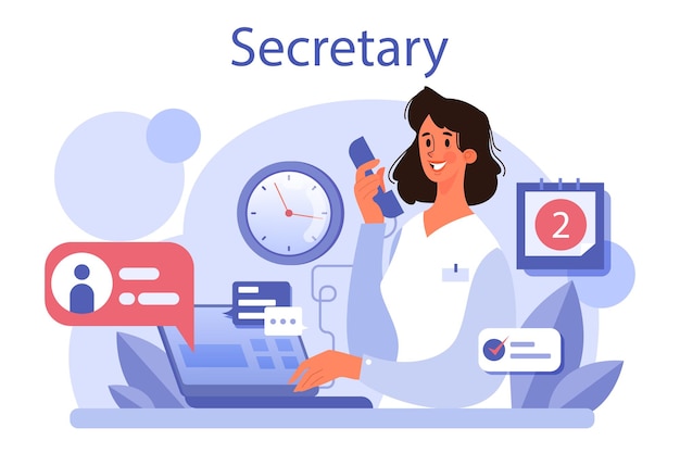 Secretary concept Receptionist answering calls and assisting with document Professional office worker at the desk on computer Isolated flat vector illustration