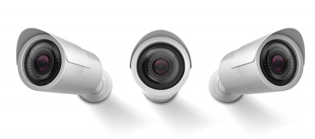 Security cam, cctv video camera, street observe surveillance equipment front and side angle view.