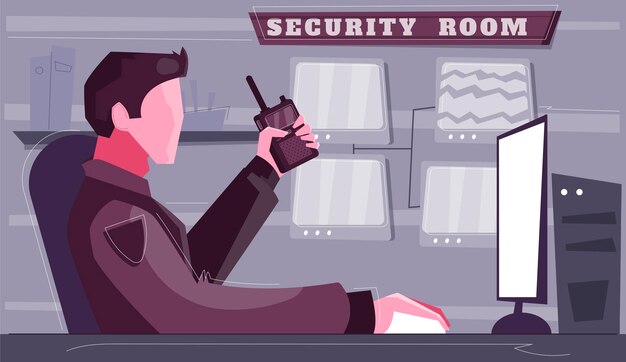 Security control room flat illustration guard character with portable radio watching at screen 