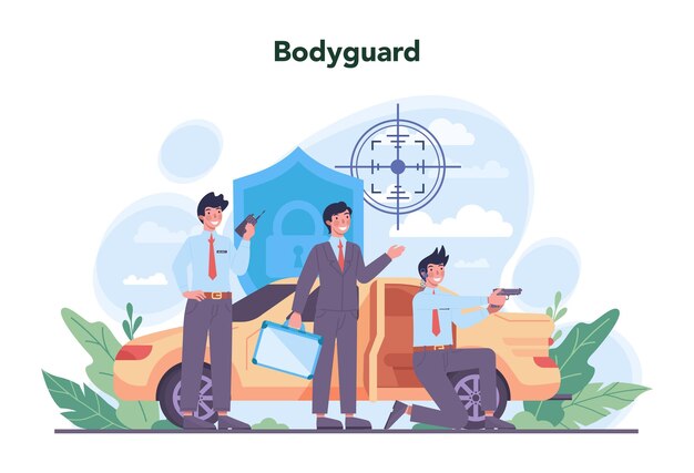 Security guard concept set Surveillance and ptrotection idea Bodyguard in uniform guiding a client for a safety Guard department monitoring a cctv Vector flat illustration